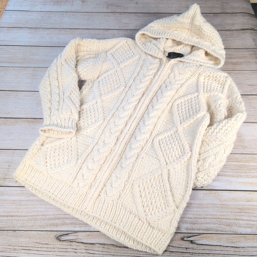 Otavalo Native American Hand Made Wool Cable Knit Hooded Zip Cardigan Cream M-L